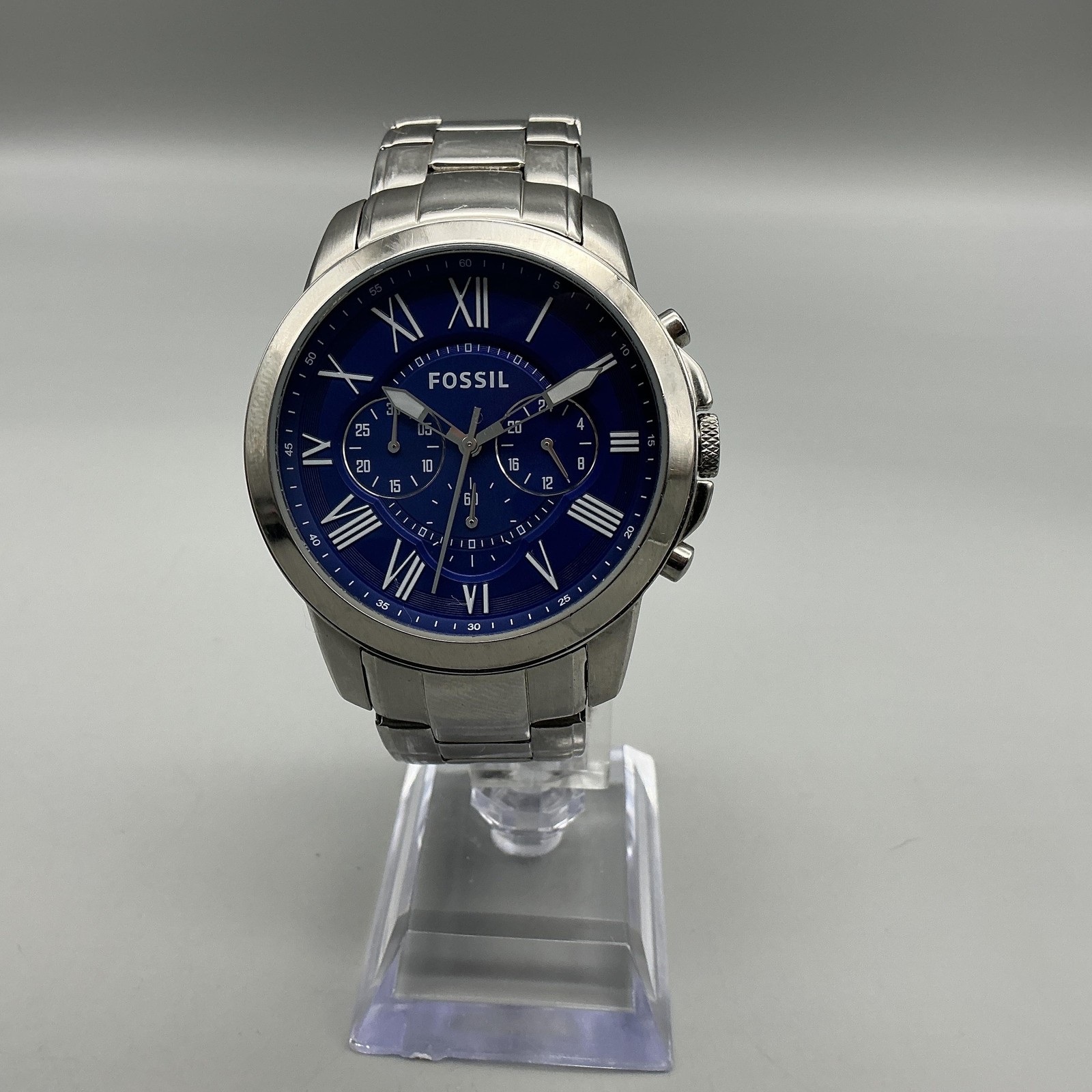 Fossil FS4844 Mens Watch 44mm Blue Dial Stainless Chronograph New Battery 7″