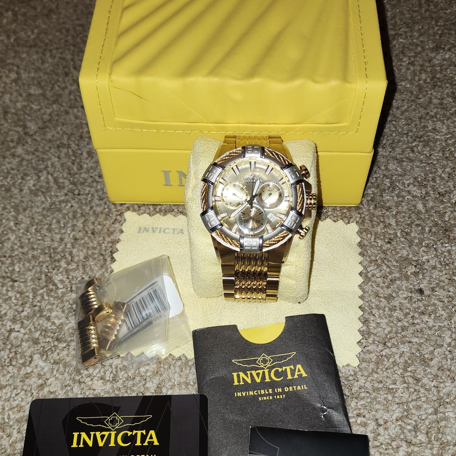 Invicta Bolt Men’s Quartz Chronograph Date 100m Gold Dial 52mm SS Box