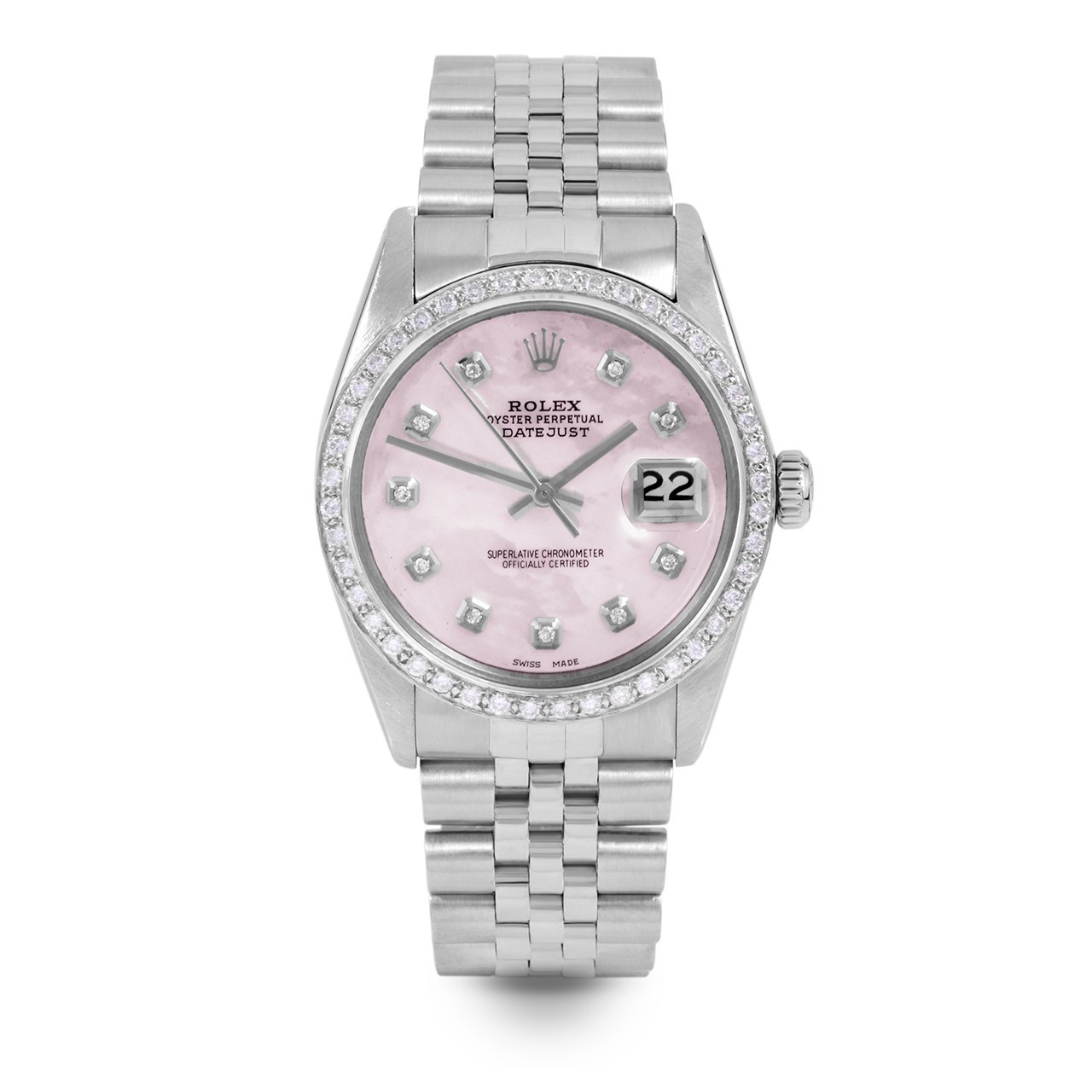 Rolex Mens Datejust Pink Mother Of Pearl Diamond Dial Diamond Bezel Jubilee Band