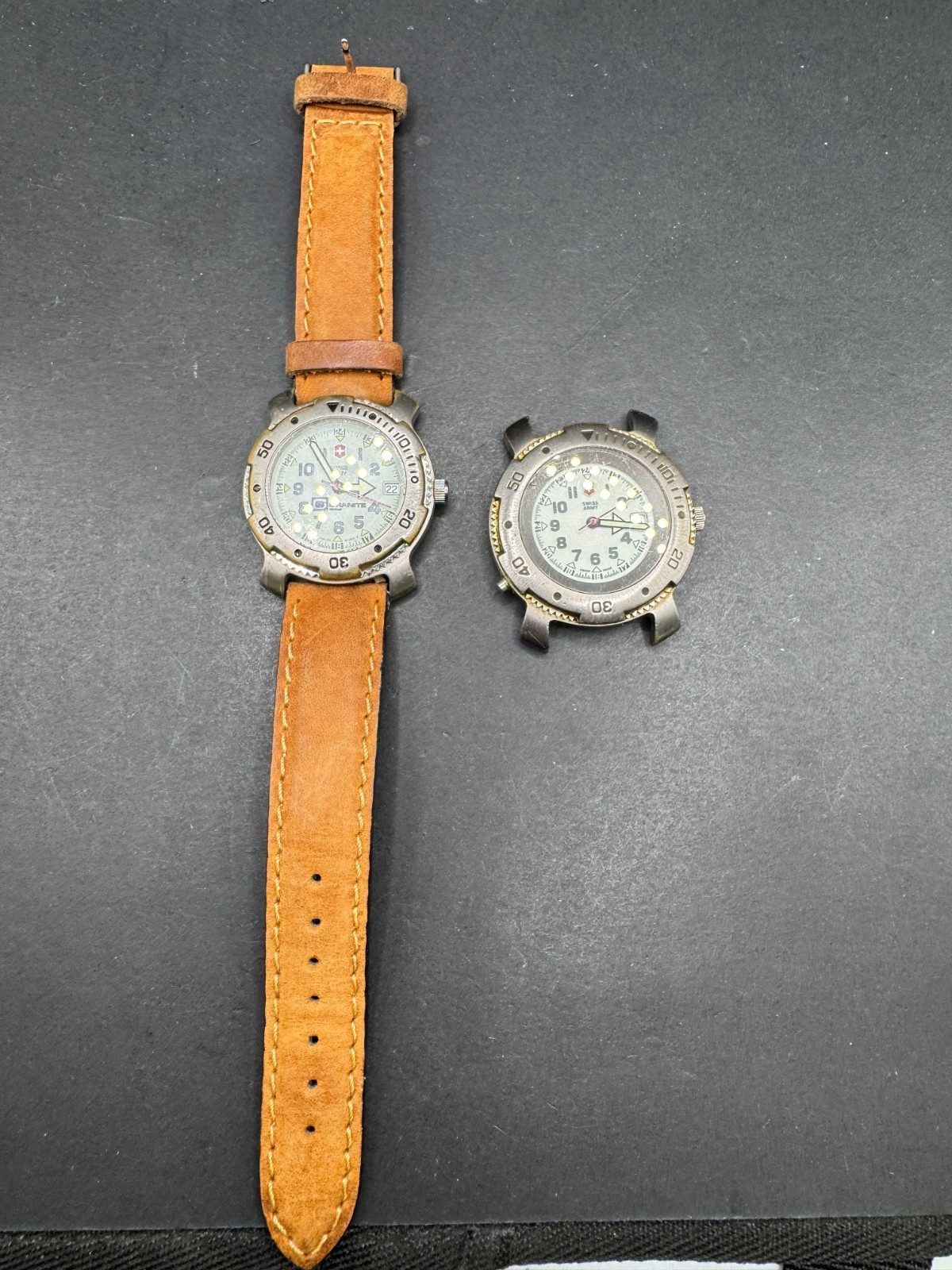 Lot of 2 Swiss Army Mens Date Watch Cream Dial Brown Leather Silver Tone