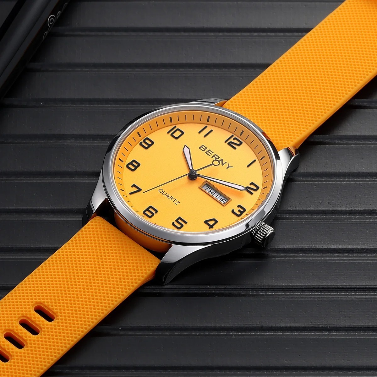 BERNY Men’s Quartz Watch Luminous Day Date 41mm Soft Silicone Strap Wristwatch