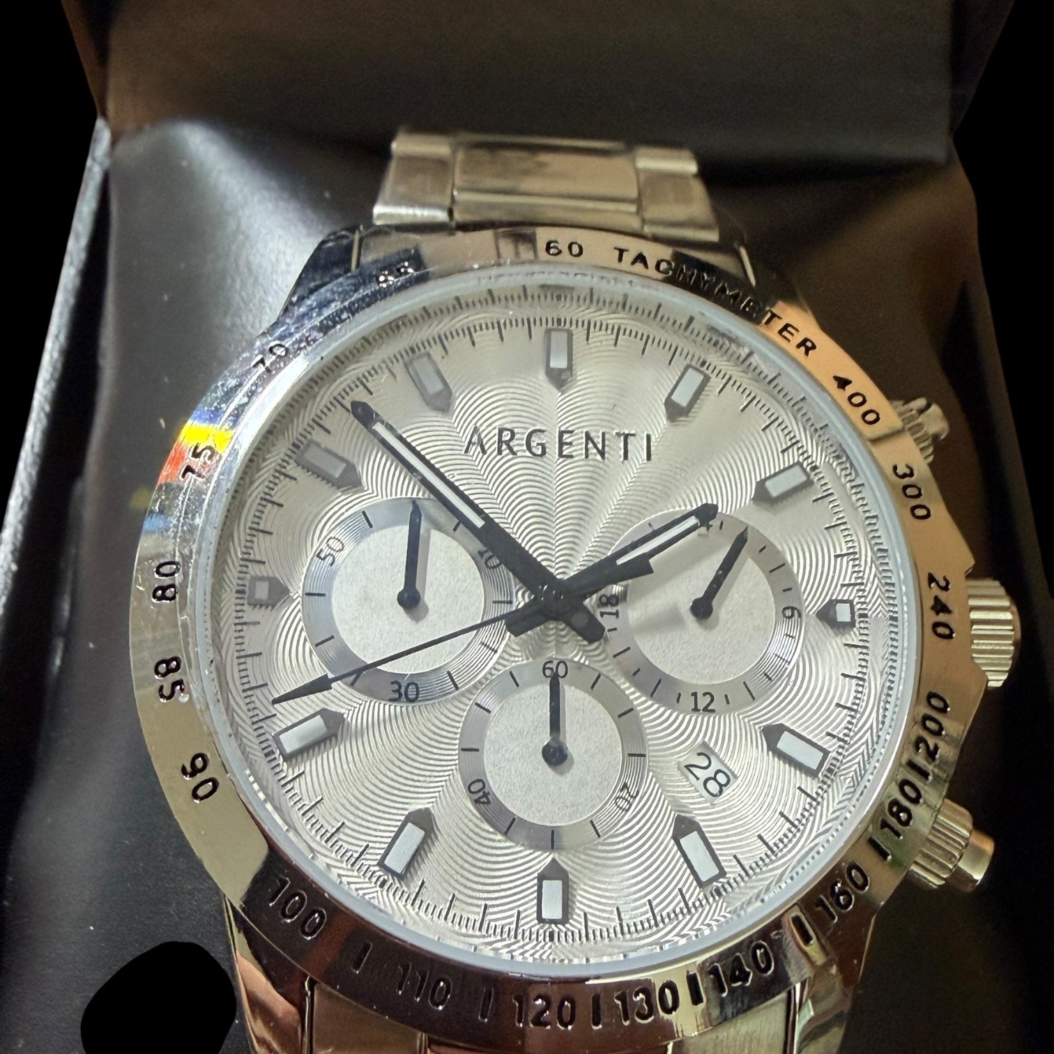 Argenti Men’s Chronograph Silver-Tone Stainless Steel Watch White Dial New Box