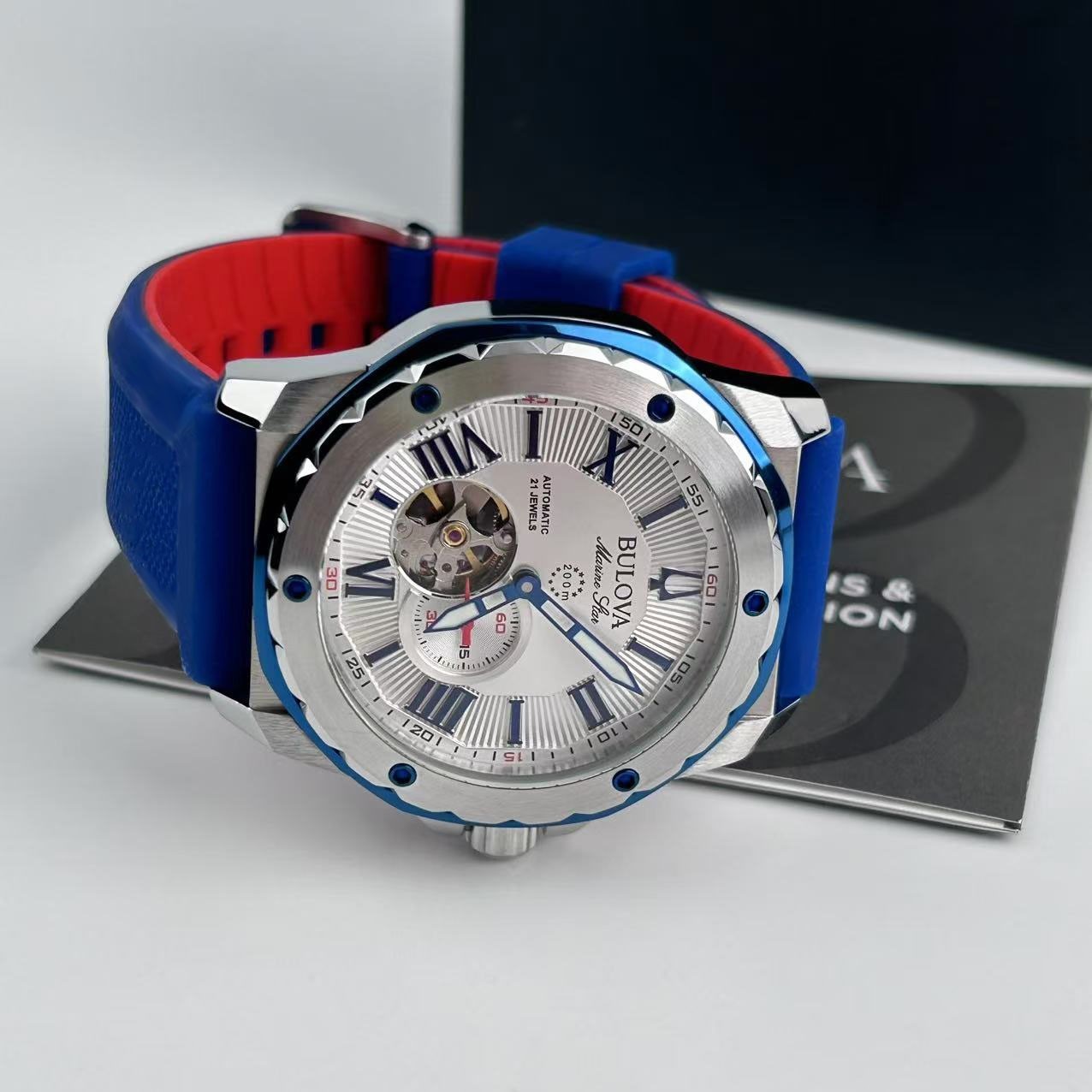 Bulova Marine Star 98A225 White Dial+Blue Rubber Strap Men’s Automatic Watch New