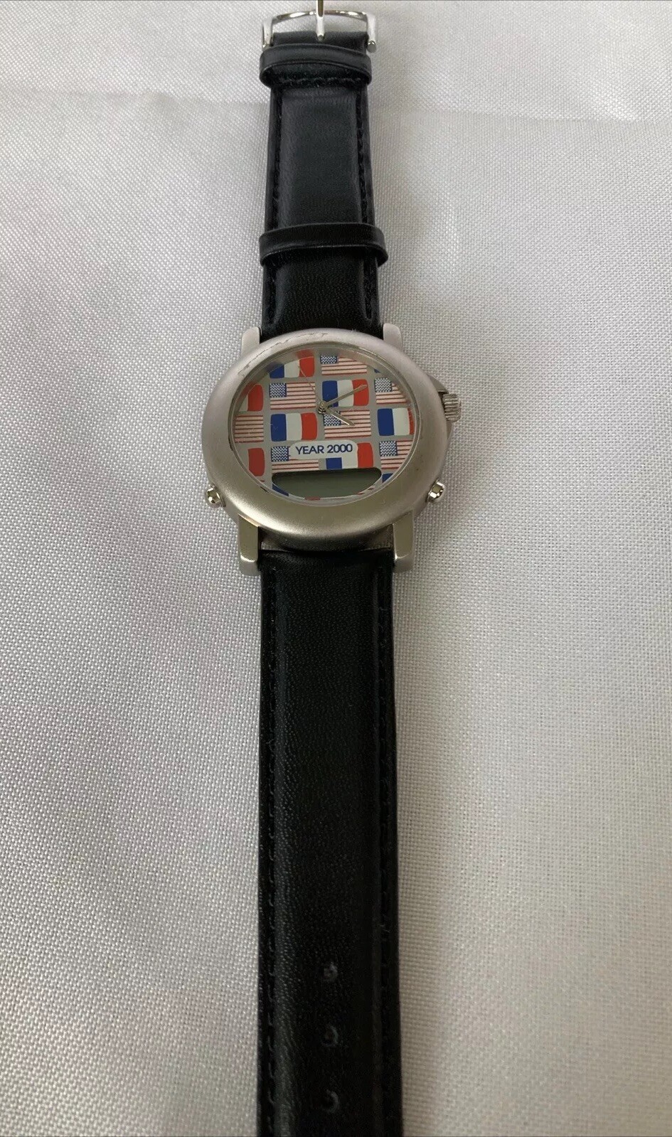 Year 2000 Wrist Watch 1.5″ Red White Blue France & USA Flags Black Leather Strap