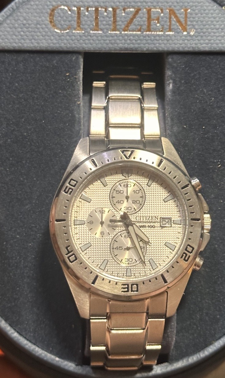 Citizen Chronograph WR100 Quartz Date 100m Silver Dial SS Bracelet 42mm