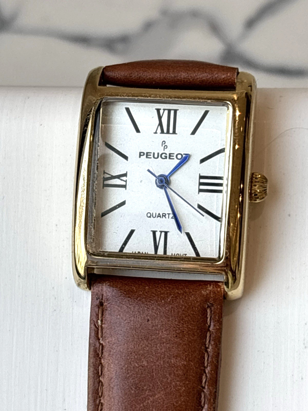 Peugeot Women’s Tank Watch Blue Hands Leather Band, Gifts for Her