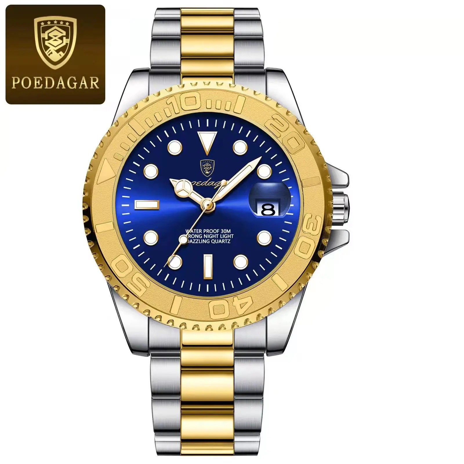 POEDAGAR Men Business Watch Waterproof Stainless Steel Date Luminous Waterproof