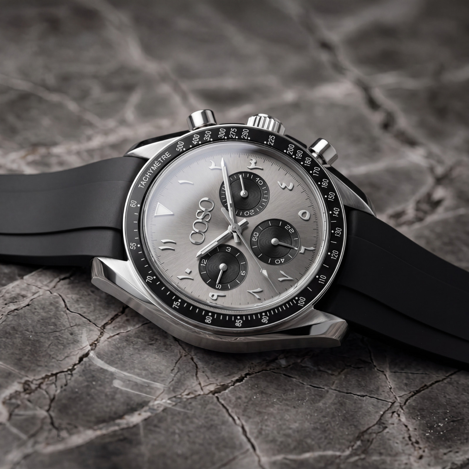 COSO Torvex Chronograph Mens Watch Steel Grey Dial Arabic Numerals Rubber Strap