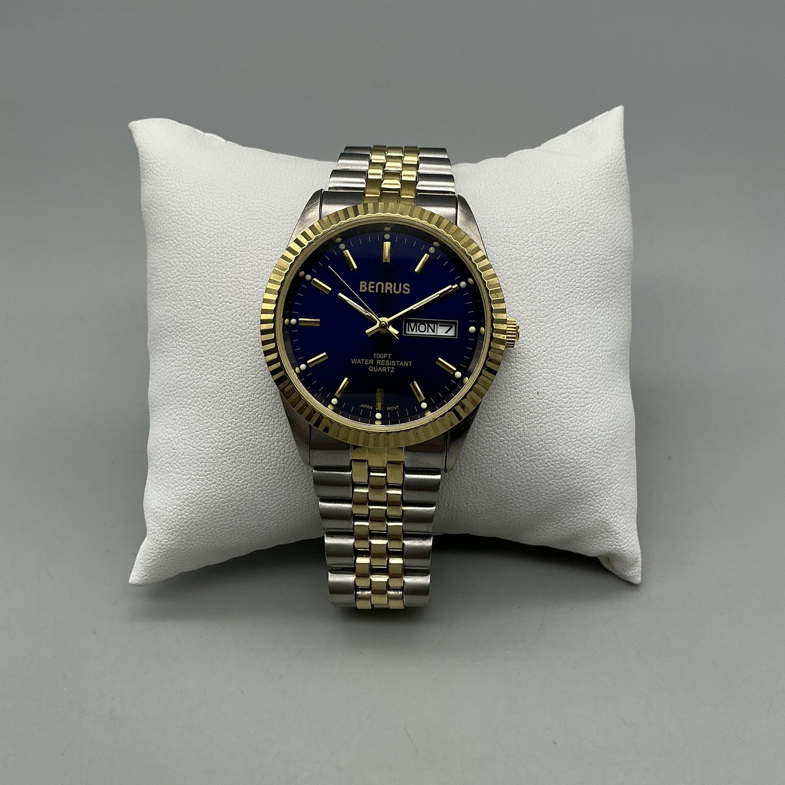 Benrus Mens Watch 36mm Blue Dial Day Date Gold Bezel Two Tone New Battery 7.75″