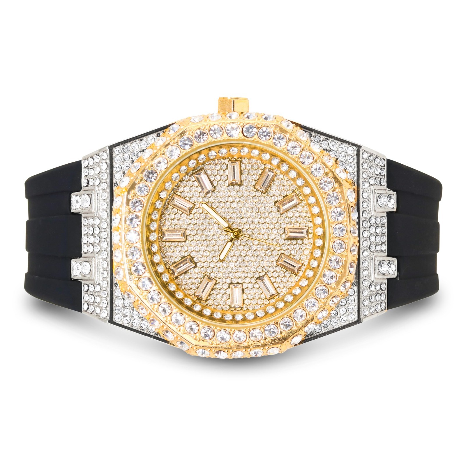 Men’s 43mm Octagonal Dial Iced Out Watch, Silicone Band, Baguette Style
