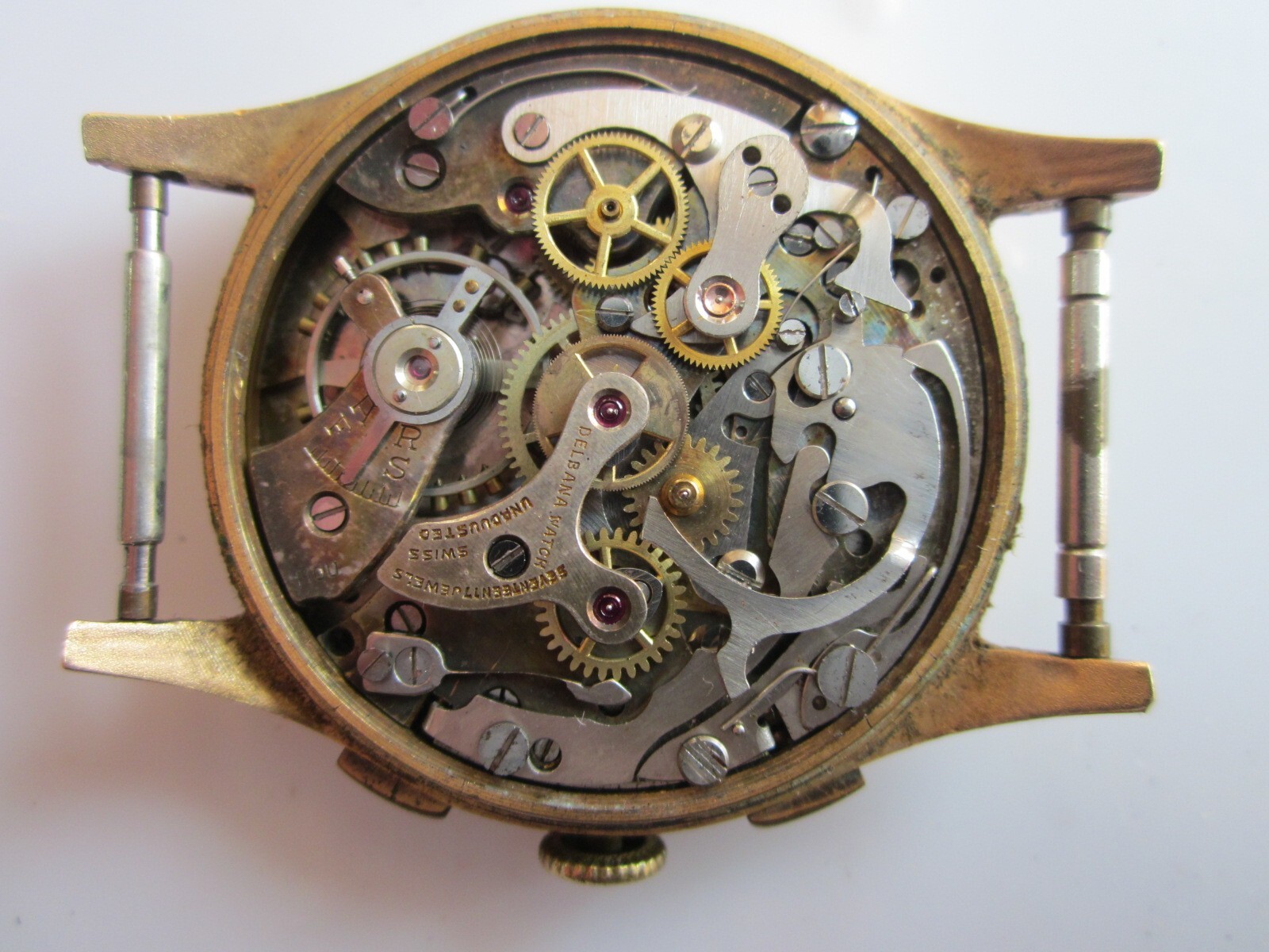 DelBana Chrono Mens Watch c1930s 18K Gold OffWhite Dial CLEAN AS IS G2U