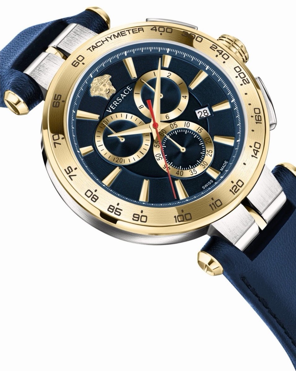 Versace Men’s Watch Aion Chronograph Gold Blue Leather