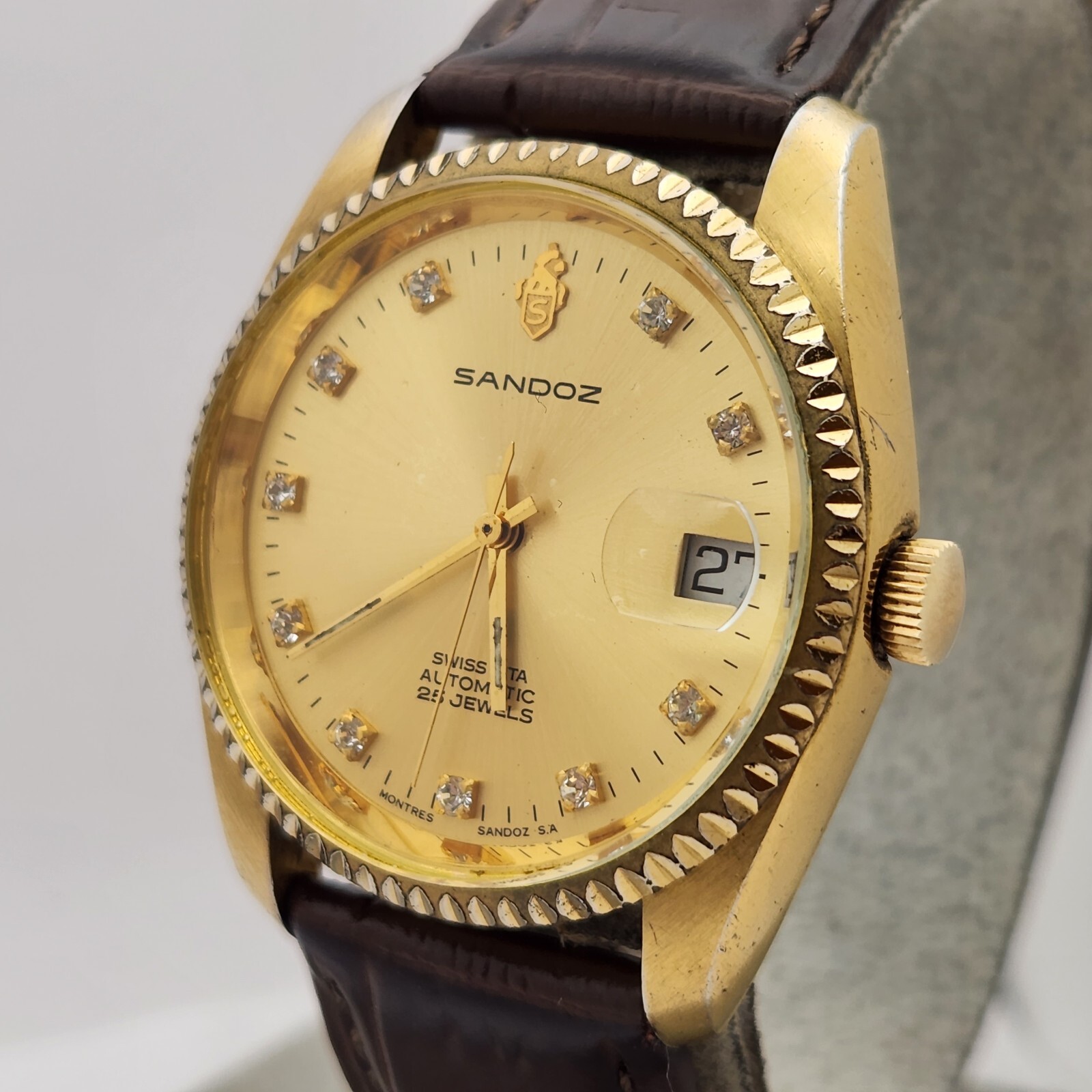 Vintage Sandoz men’s automatic watch 25Jewels diamond hour markers ETA 2824