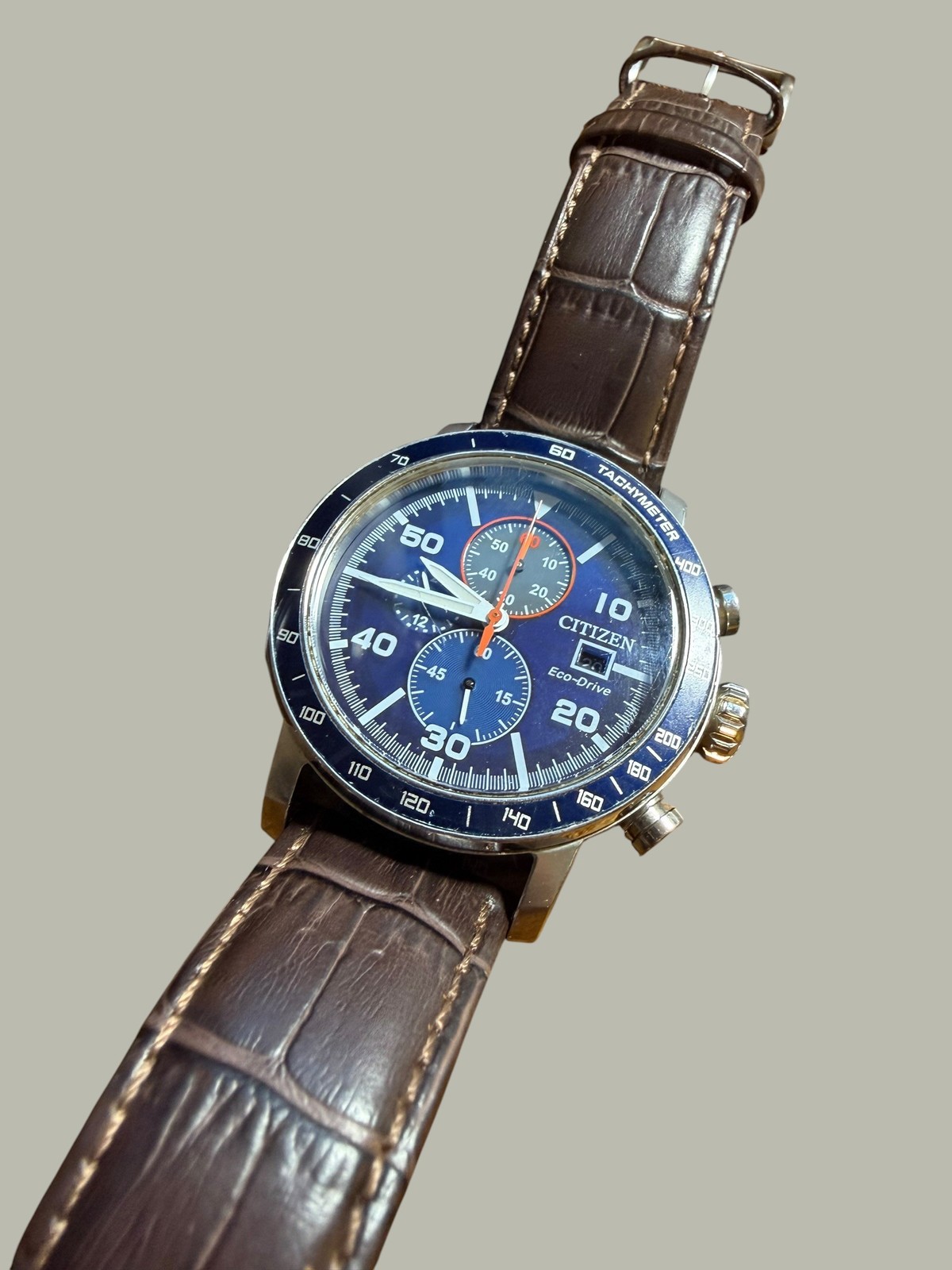 Citizen Eco-Drive Chronograph Blue Dial Brown Croc Leather Men’s Watch B612