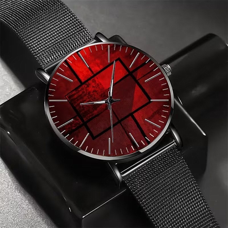 Men’s Red Geometric Dial Quartz Watch Black Mesh Band Minimalist No Battery