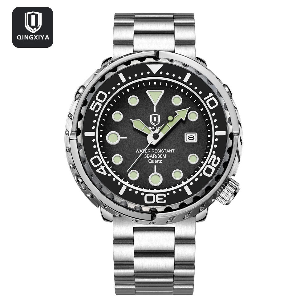 QINGXIYA —Diver-style “Tuna Can” watch — Stainless steel — Quartz —