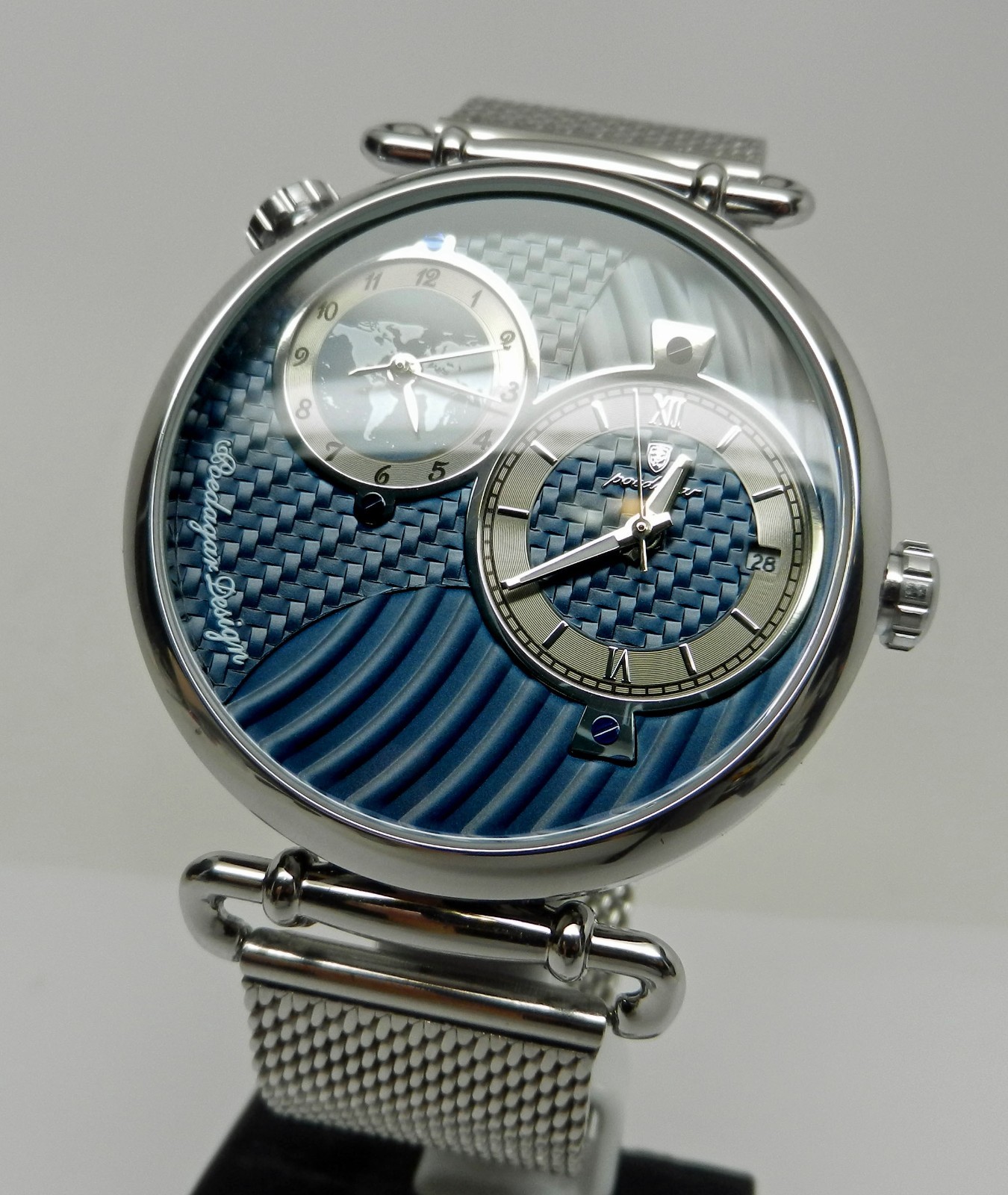 Men’s Dual Time 44mm Textured Blue Date Dial Stainless Steel Mesh Strap Watch