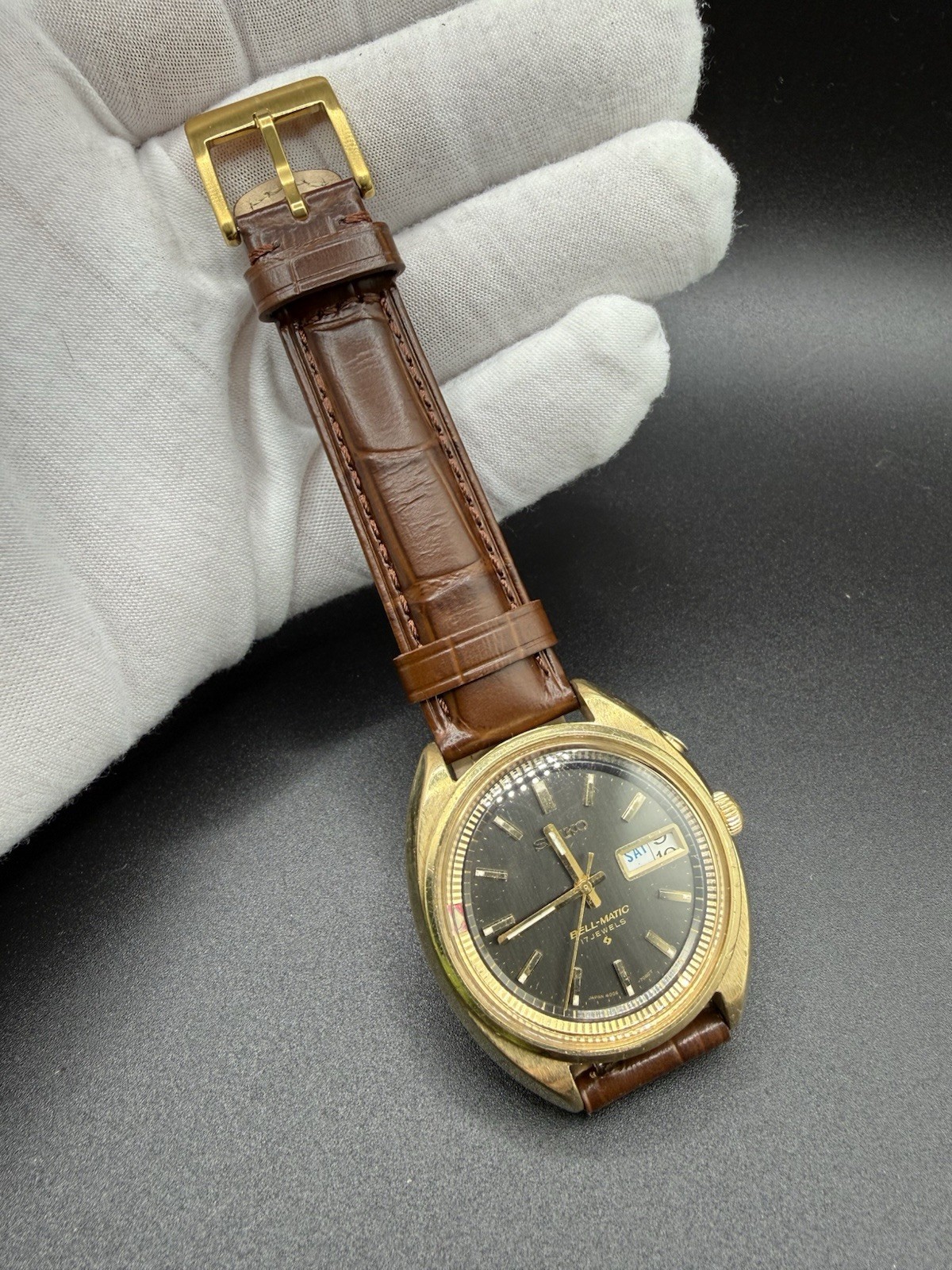 Vintage Seiko Bell-Matic 4006-7001 Automatic Alarm Watch 17J Black Dial Runs