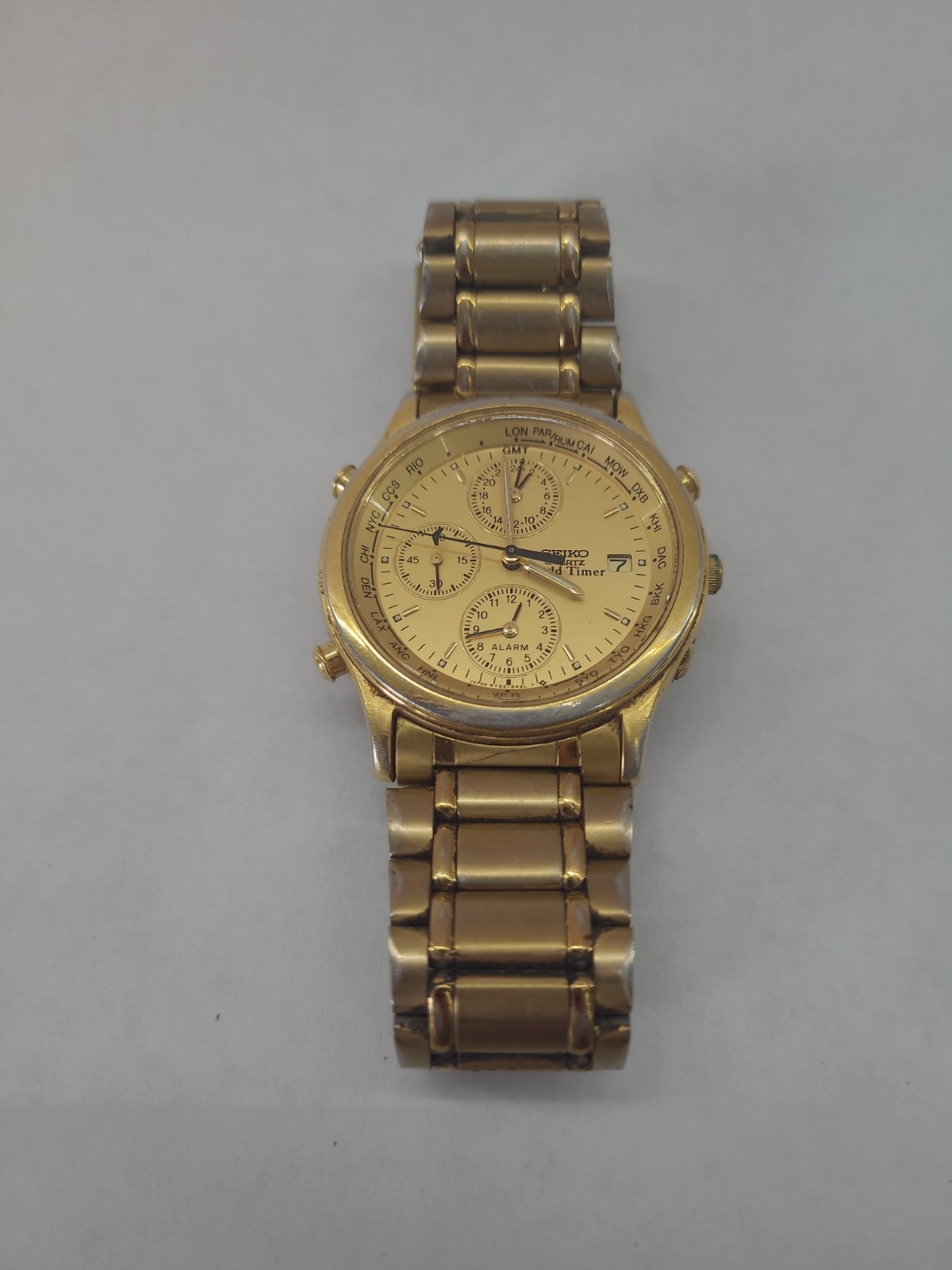 Vintage Seiko 5T52-6A29 World Timer GMT Alarm Gold Tone 37.5mm Watch