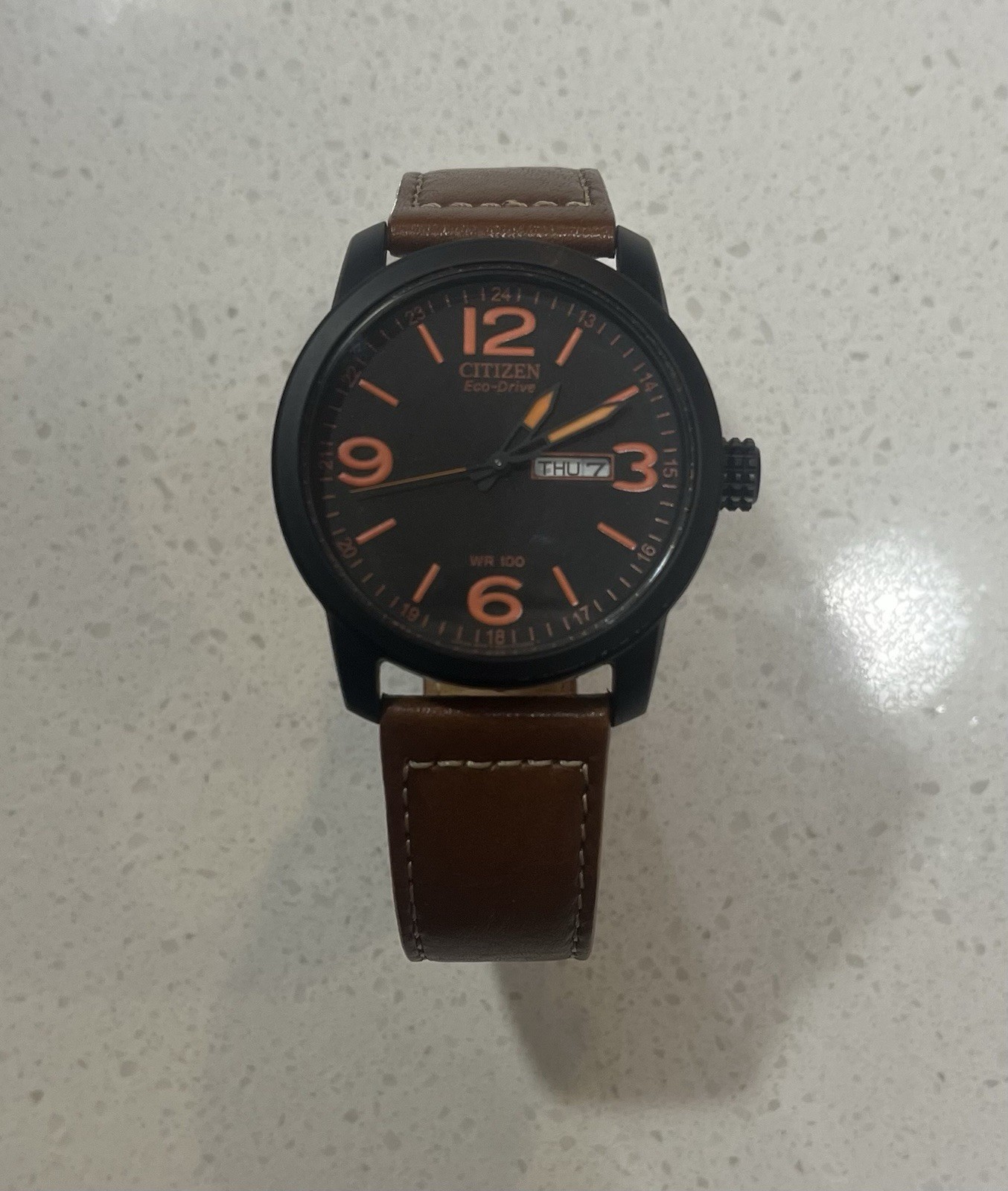 Citizen Eco-Drive Men’s Black Dial Brown Leather Strap Quartz Watch w/ Box
