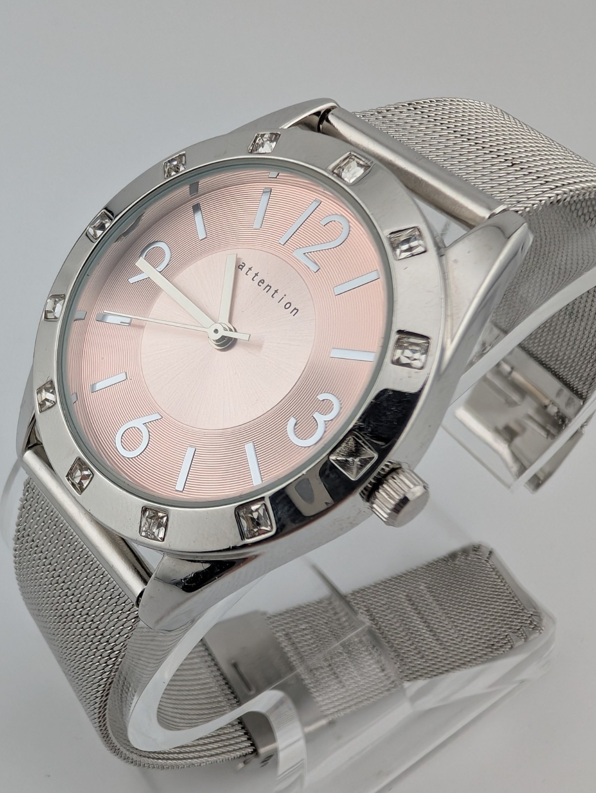 Attention Watch Women 35mm Case Silver Adjustable Mesh Metal Band- New Battery