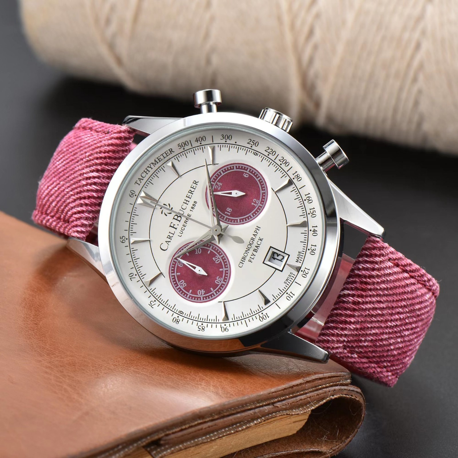 Carl F. Bucherer style chronograph watch Burgundy sub dial nylon strap