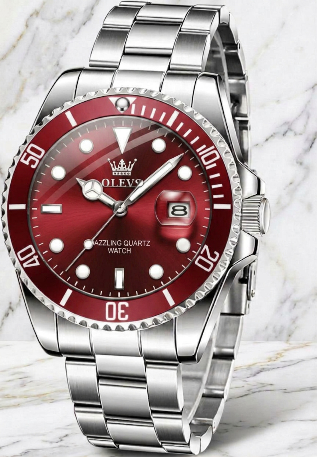 Men’s Waterproof Diver Quartz Silver Bracelet Watch Dark Red Dial Bezel Olevs