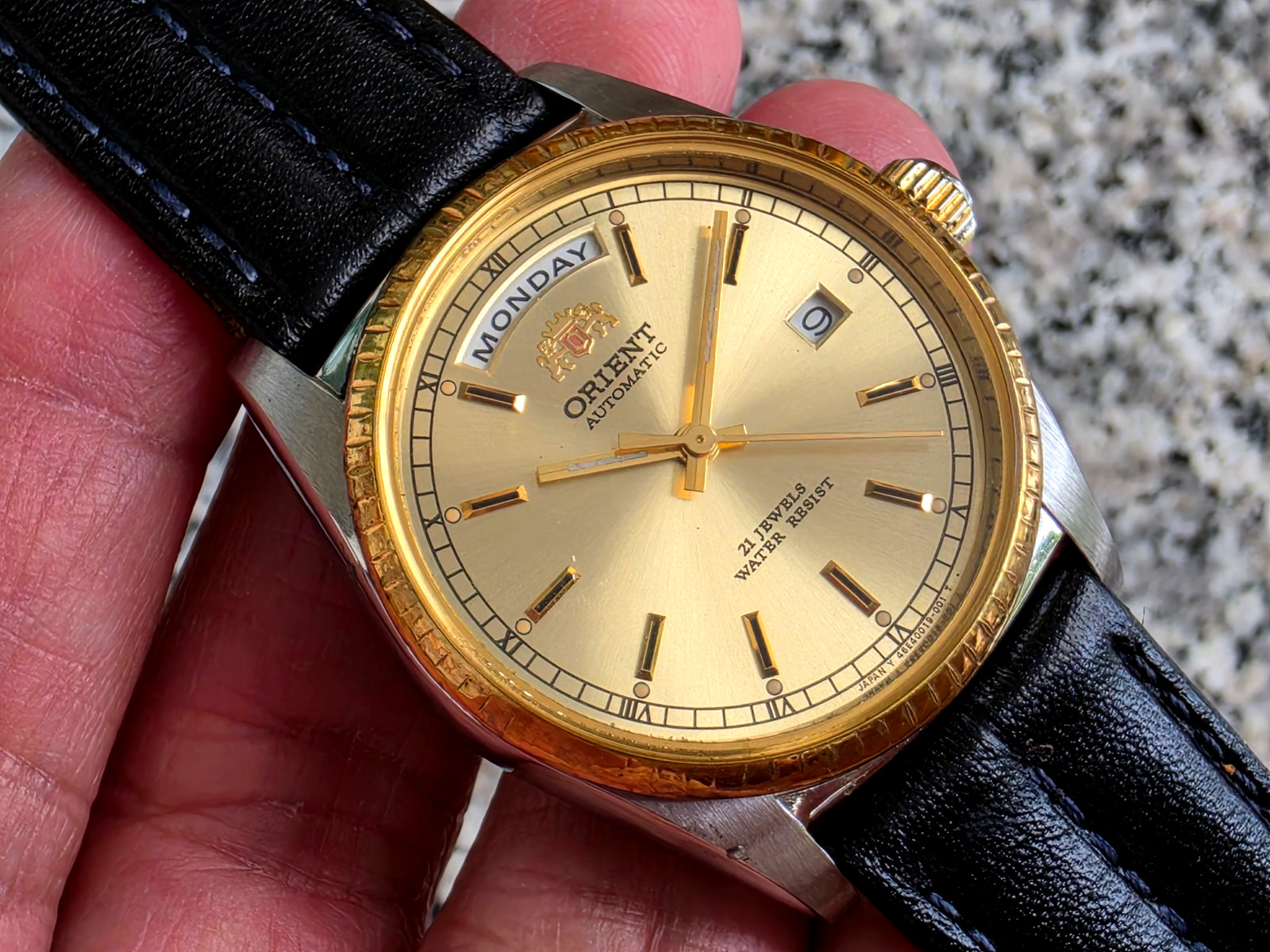 RARE Vintage Orient President Day/Date Auto Watch Rare Gold Dial 46e001-91