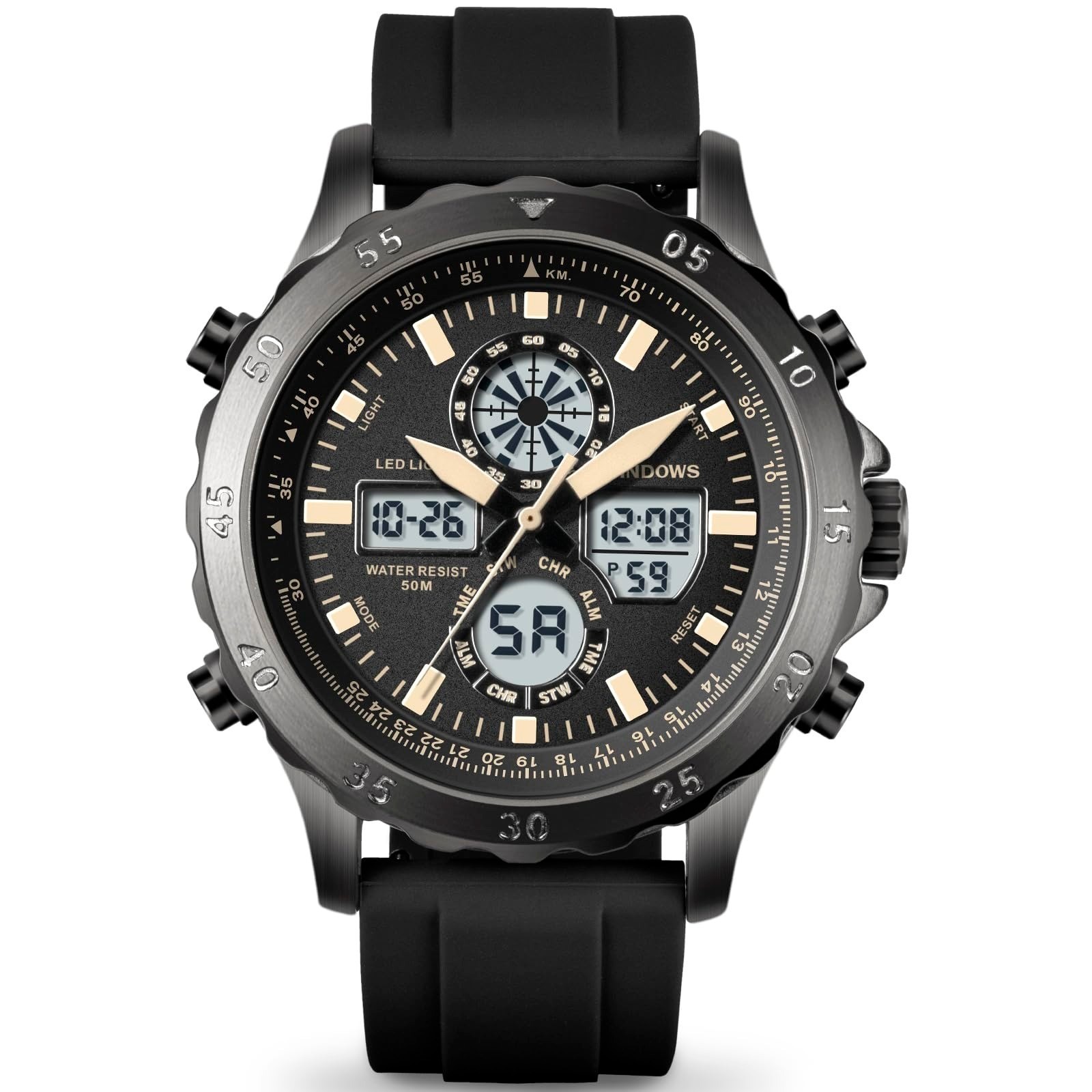 PINDOWS Men’s Waterproof Military Digital Analog Sport Watch