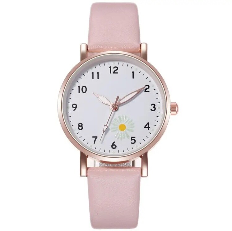 1pcs Fashion Daisy Flowers Leather Band Watches for Women Casual Analog Quartz W