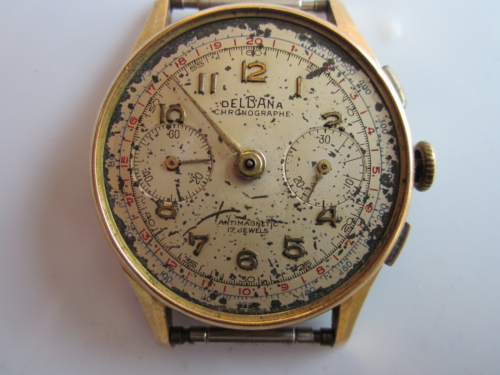 DelBana Chrono Mens Watch c1930s 18K Gold OffWhite Dial CLEAN AS IS G2U