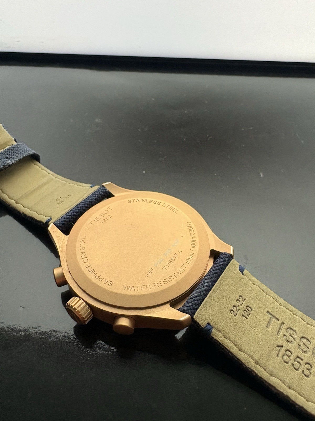Tissot Chrono XL Blue Dial Chronograph Quartz 45mm 100m Gold Case Fabric