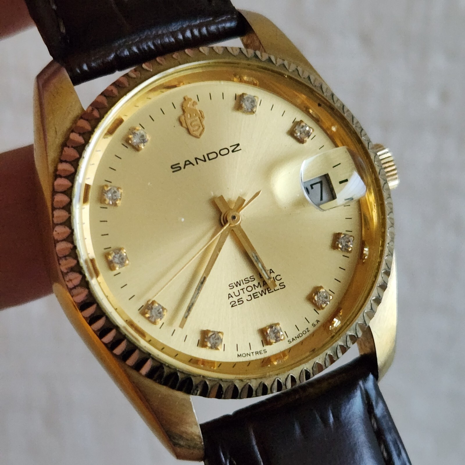 Vintage Sandoz men’s automatic watch 25Jewels diamond hour markers ETA 2824