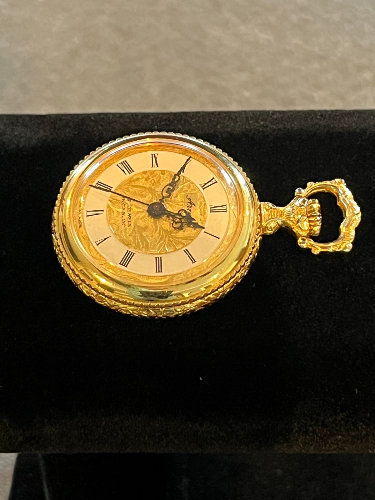 Vintage Arnex 17 Jewel Pocket Watch Gold Filigree Dial Enamel Vineyard MINT