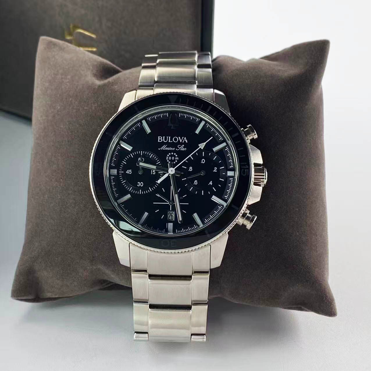 New Bulova Marine Star 96B272 Black Dial Stainless Steel Men’s Quartz Watch 45mm