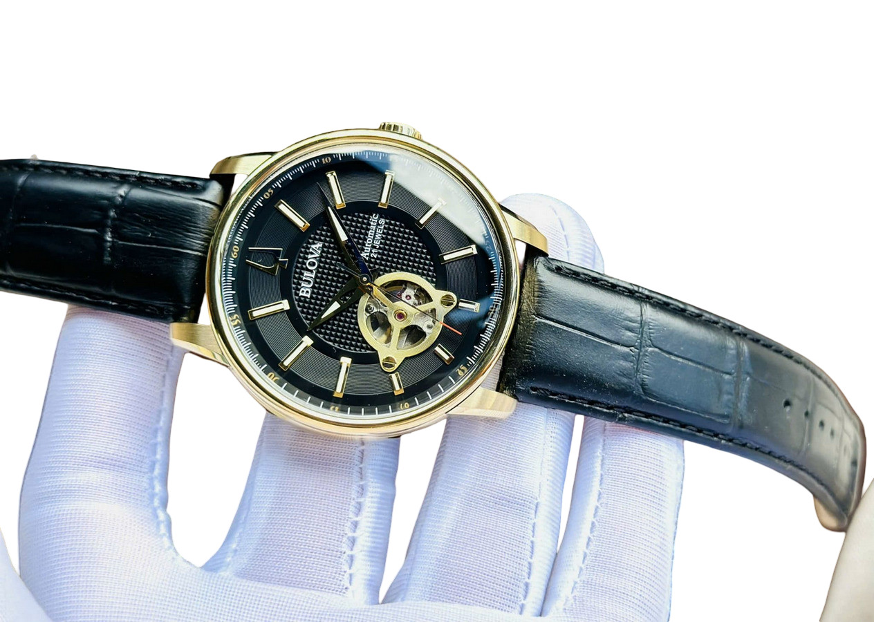 Bulova 97A166 Automatic Gold Tone Black Dial Leather Band Men’s Watch