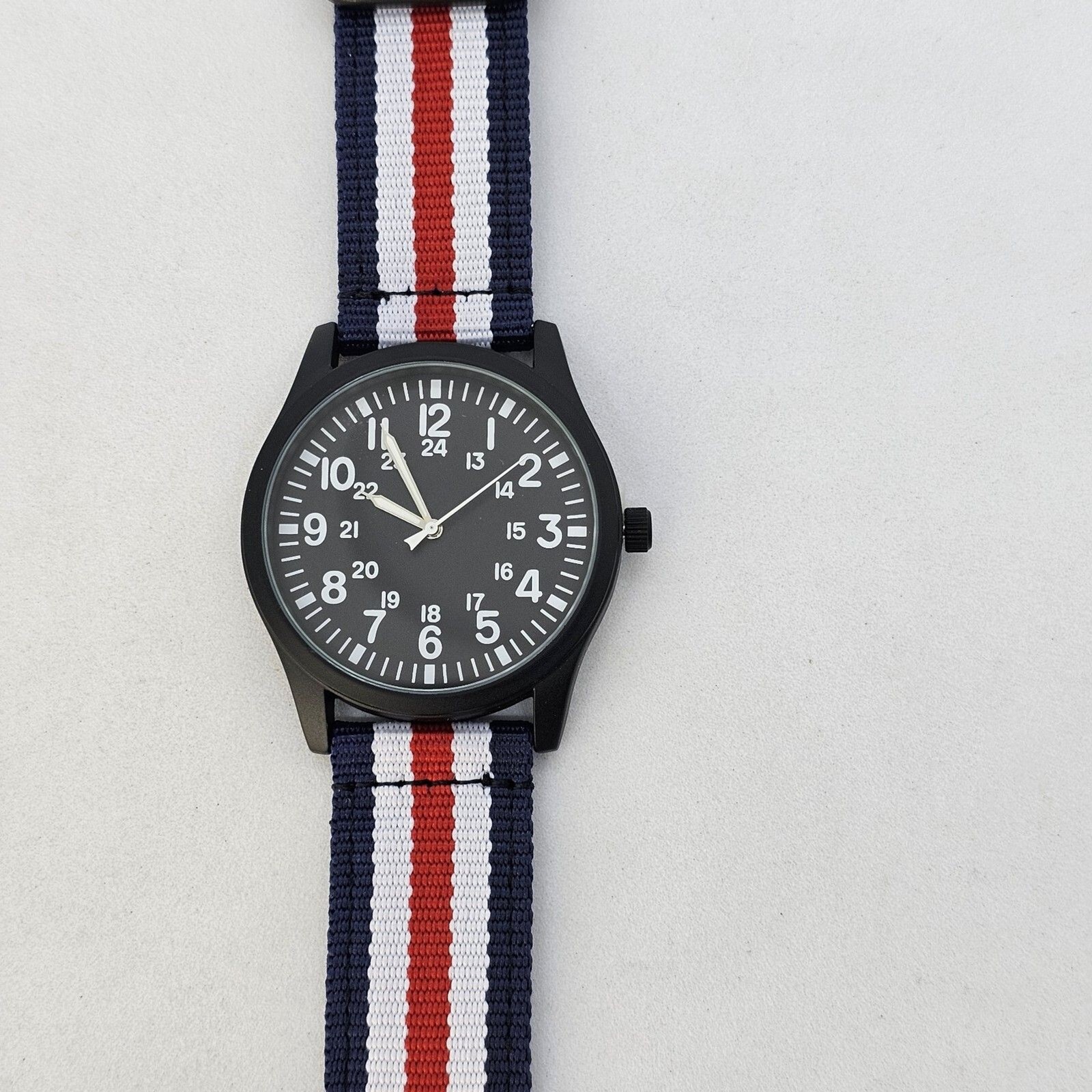 Field Men’s Watch 42MM Black Case Dial Blue White Red Canvas Band Straps NewBatt