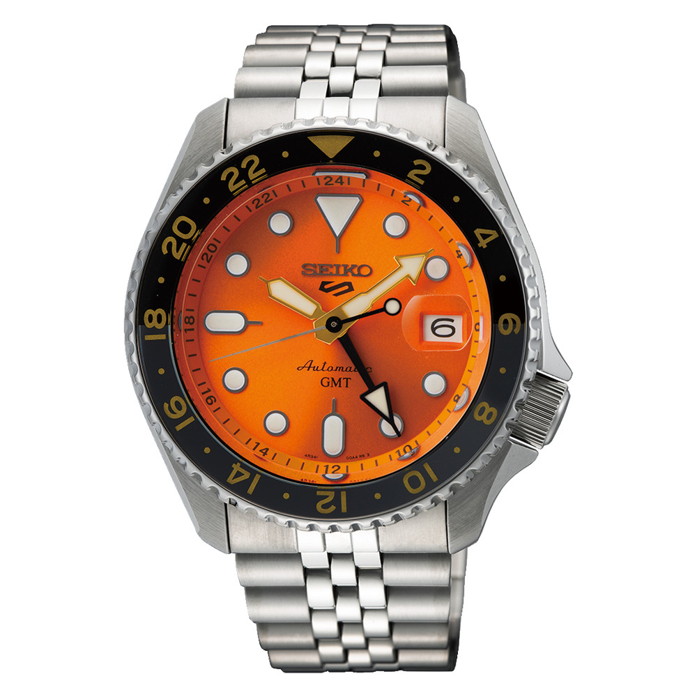 Seiko 5 Sports Stainless Steel 42.5 MM GMT Automatic Orange Dial Watch SSK005K1