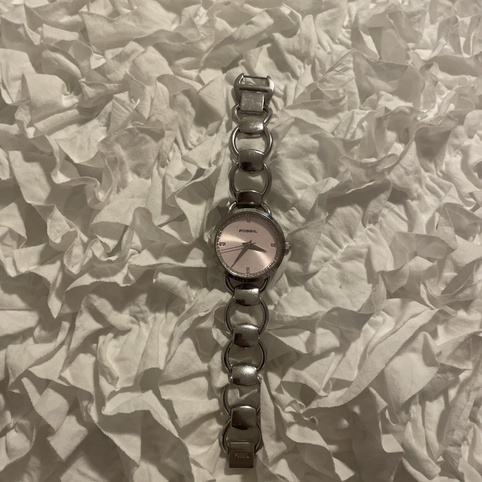 Fossil F2 Women Watch 30mm Round Pink Dial Silver Tone Link Working