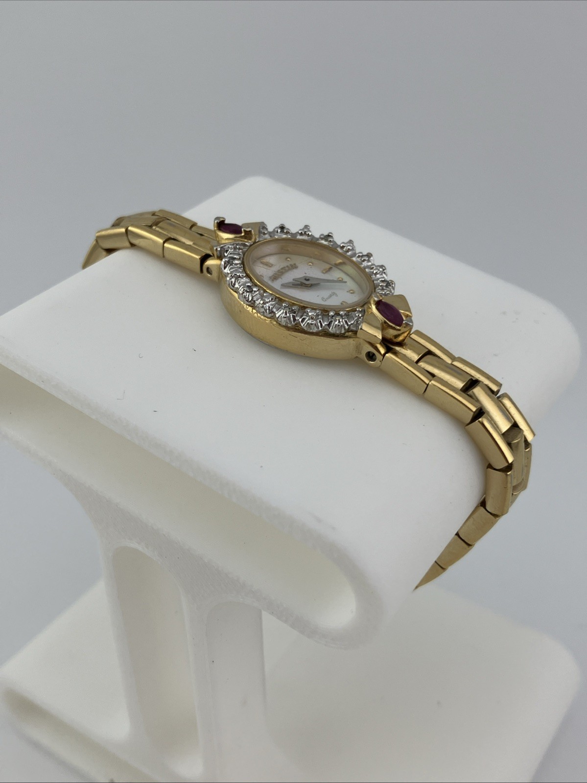 Vtg Austin Lades 17mm Watch Gold Tone Diamond & Ruby Bezel MOP Dial 5.75″ – RUNS