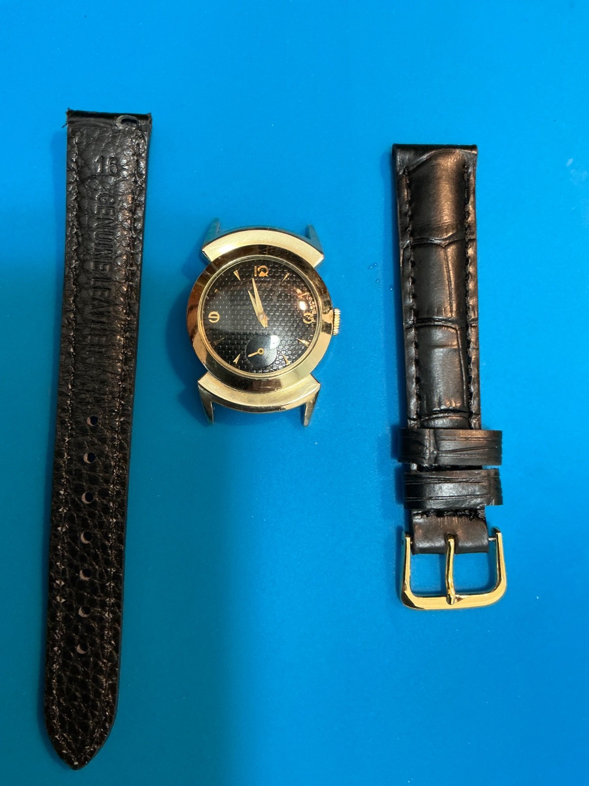 Vintage 1953 14k GF Lord Elgin black knight 21J cal 680 with waffle dial