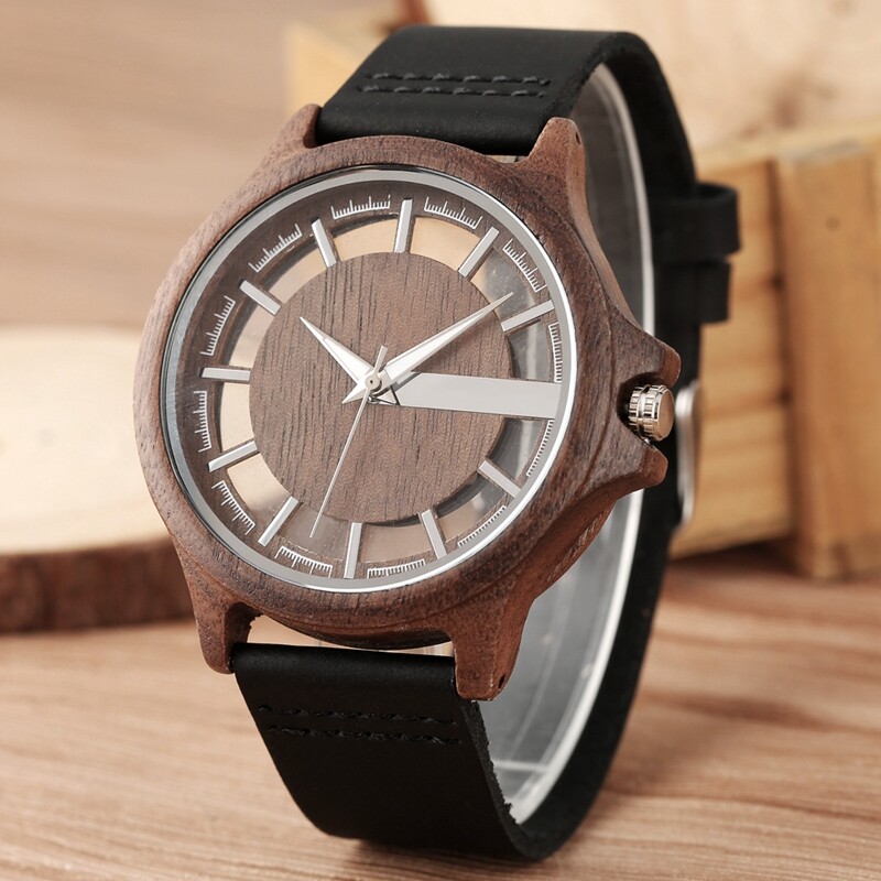 Modern Natural Wood Men’s Sport Quartz Wrist Watch Black Brown Leather Band Gift