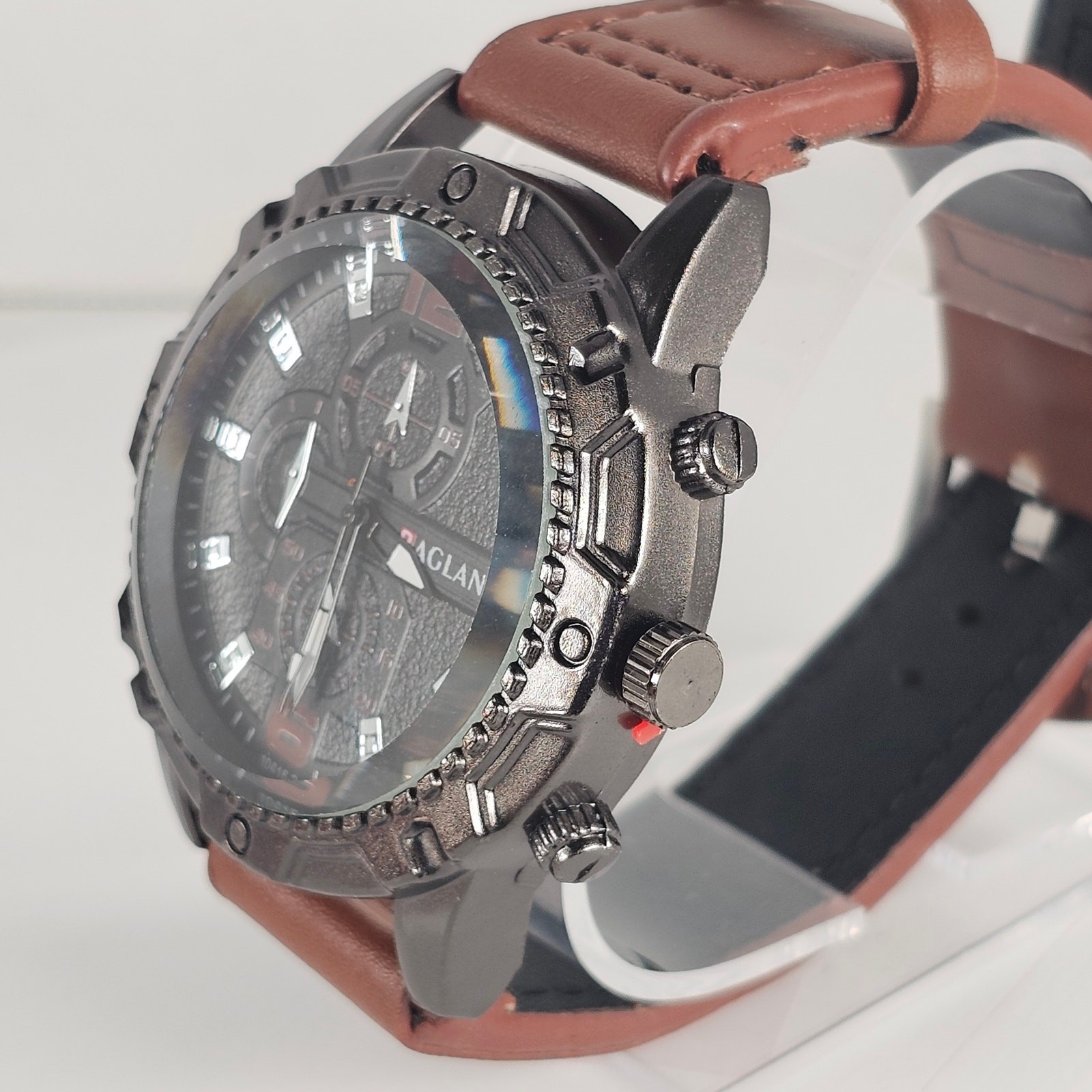 Raglan Men’s Quartz Watch Black Dial Brown Band 43.9mm Case Chrono Look NEW