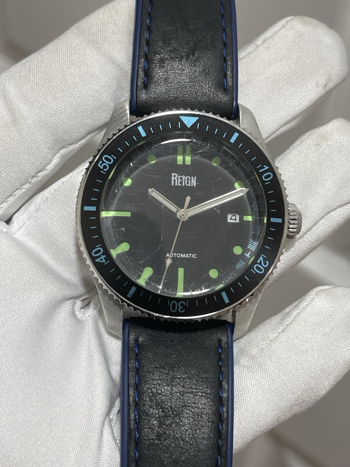 Reign Elijah Automatic Rubber Inlaid Leather-Band Watch W/Date – Black/Blue
