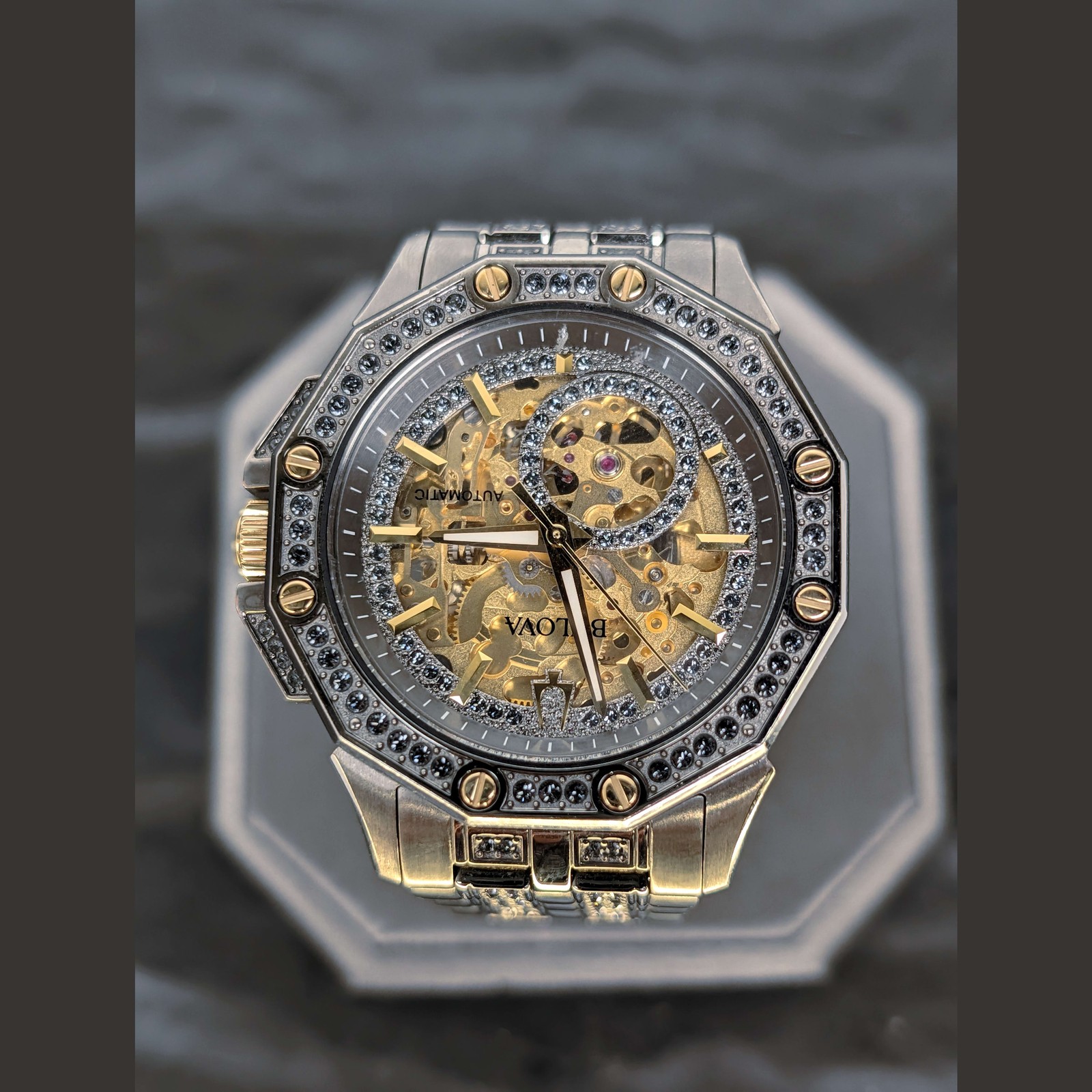 Bulova Octava 98A293 Men’s Automatic Skeleton Crystal Collection Gray Watch