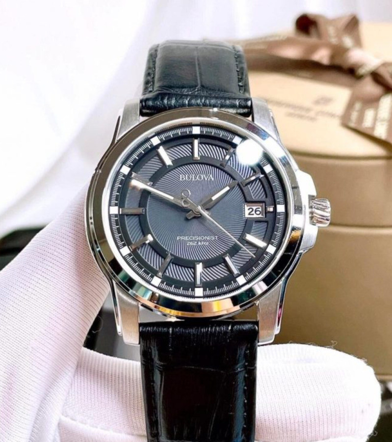 Bulova Precisionist Gray Dial Silver Tone Black Leather Band Men’s Watch 96B158