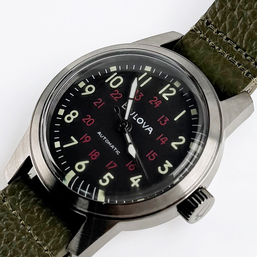 Bulova Men’s Hack Automatic Black Dial Green Leather Strap Watch 98A255