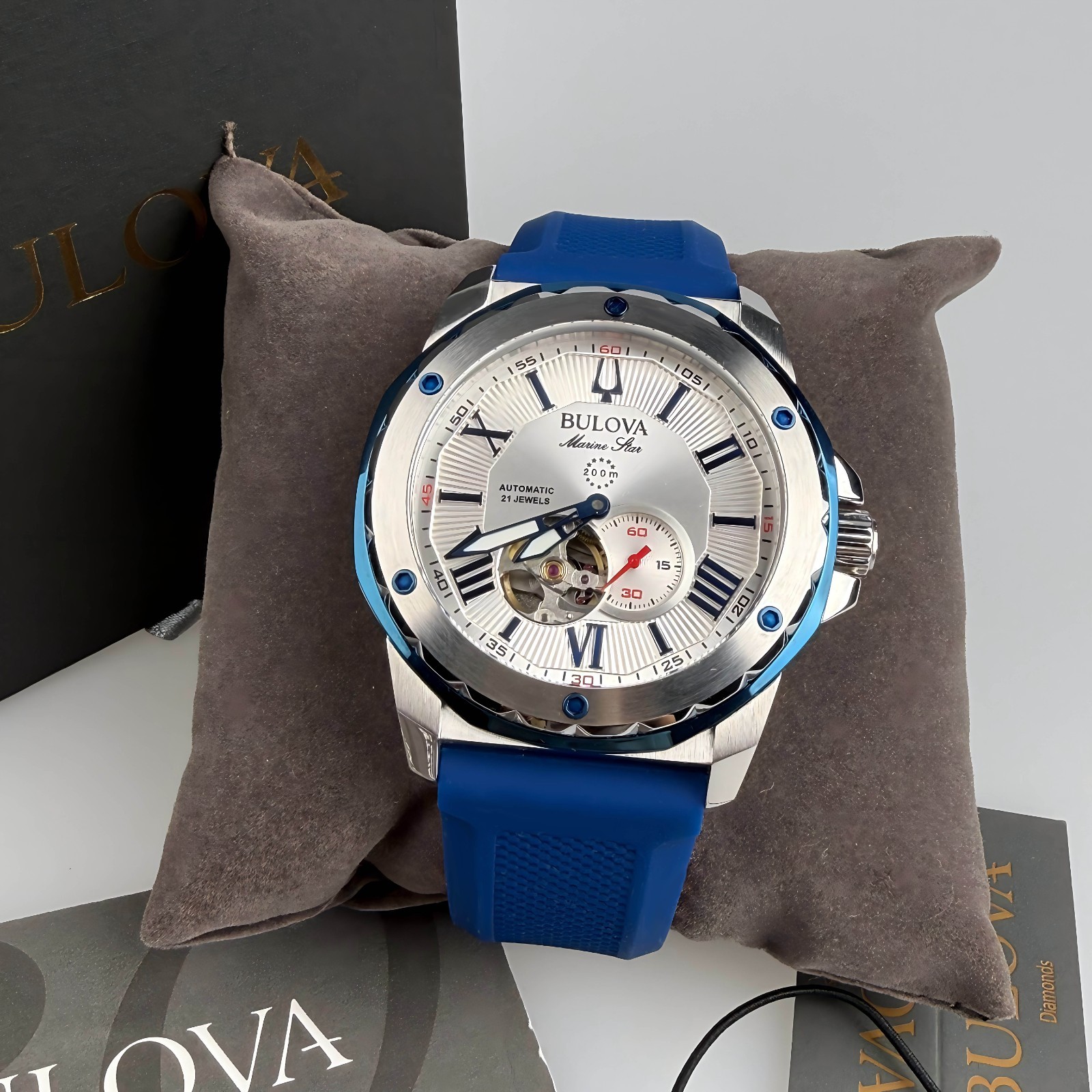 Bulova Marine Star Men’s Automatic Watch White Dial Silicone Strap 98A225 44 mm