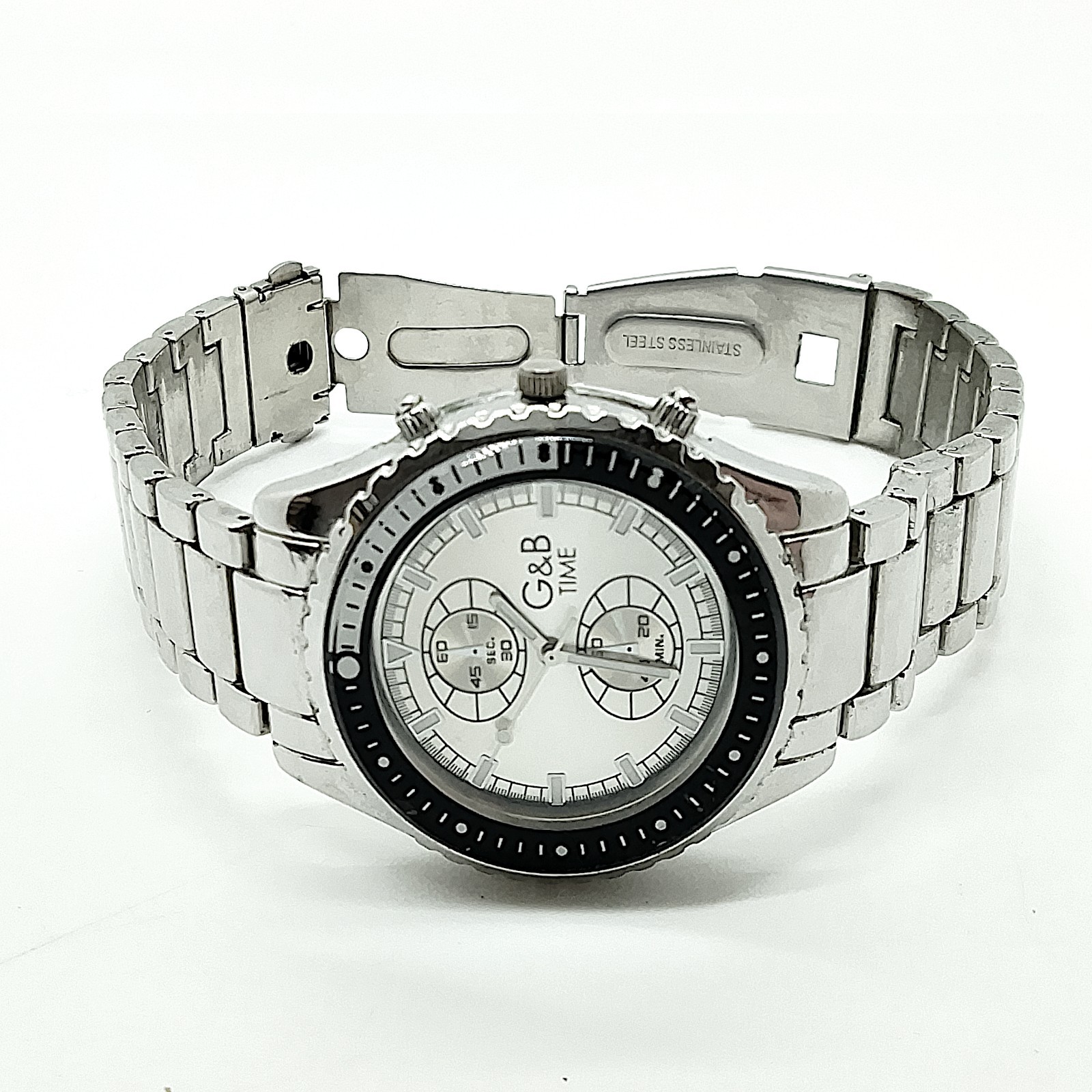G & B Time Mens Watch Silver Tone Bracelet Folding Clasp Japan Movement