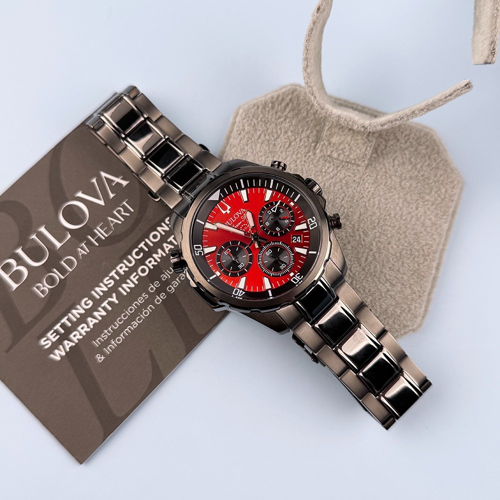 Men’s Bulova 98B350 Marine Star Chronograph Red Dial Quartz Watch 43mm
